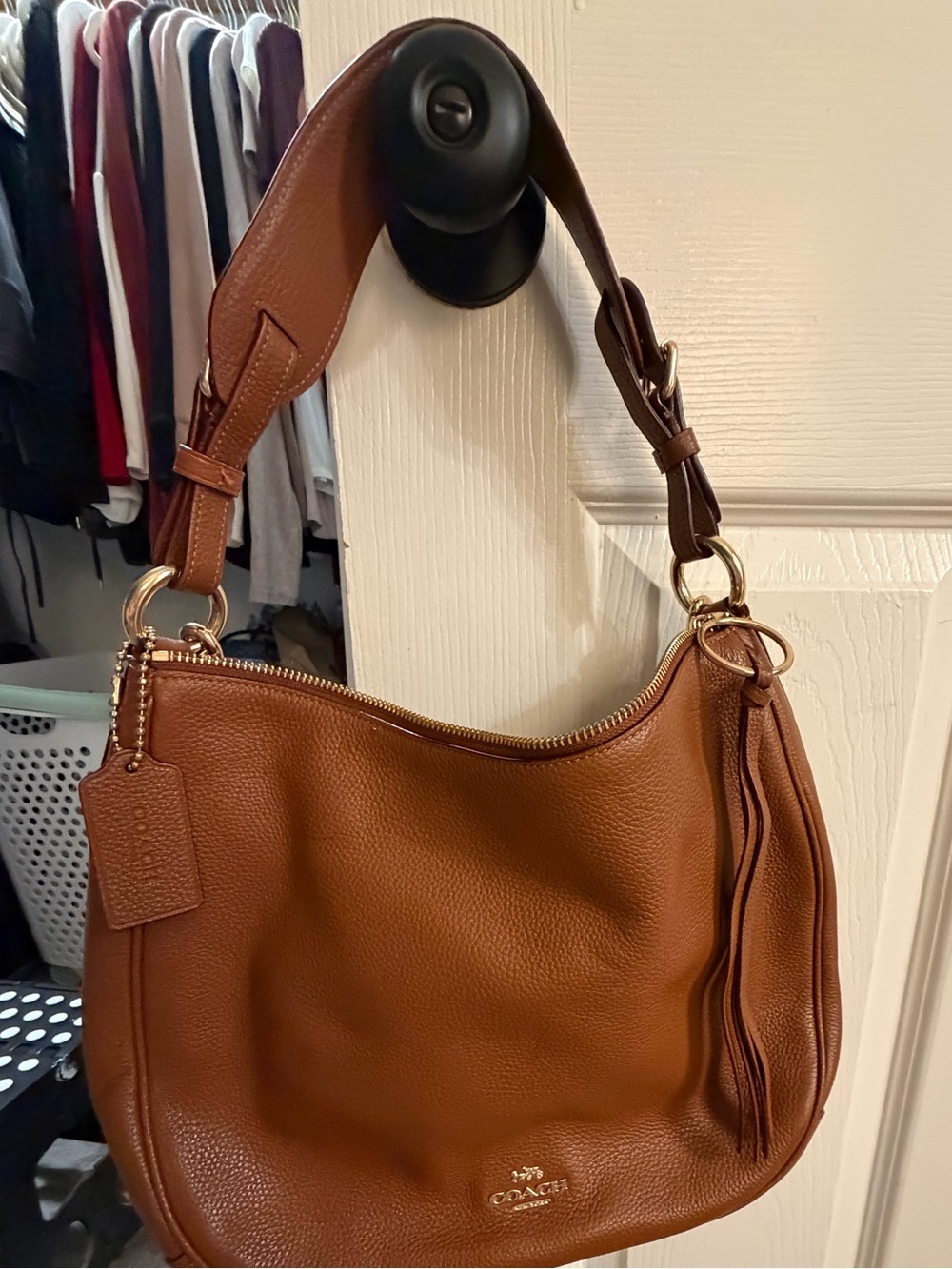 Coach Tan Pebbled Leather Hobo Shoulder Bag with Tassel